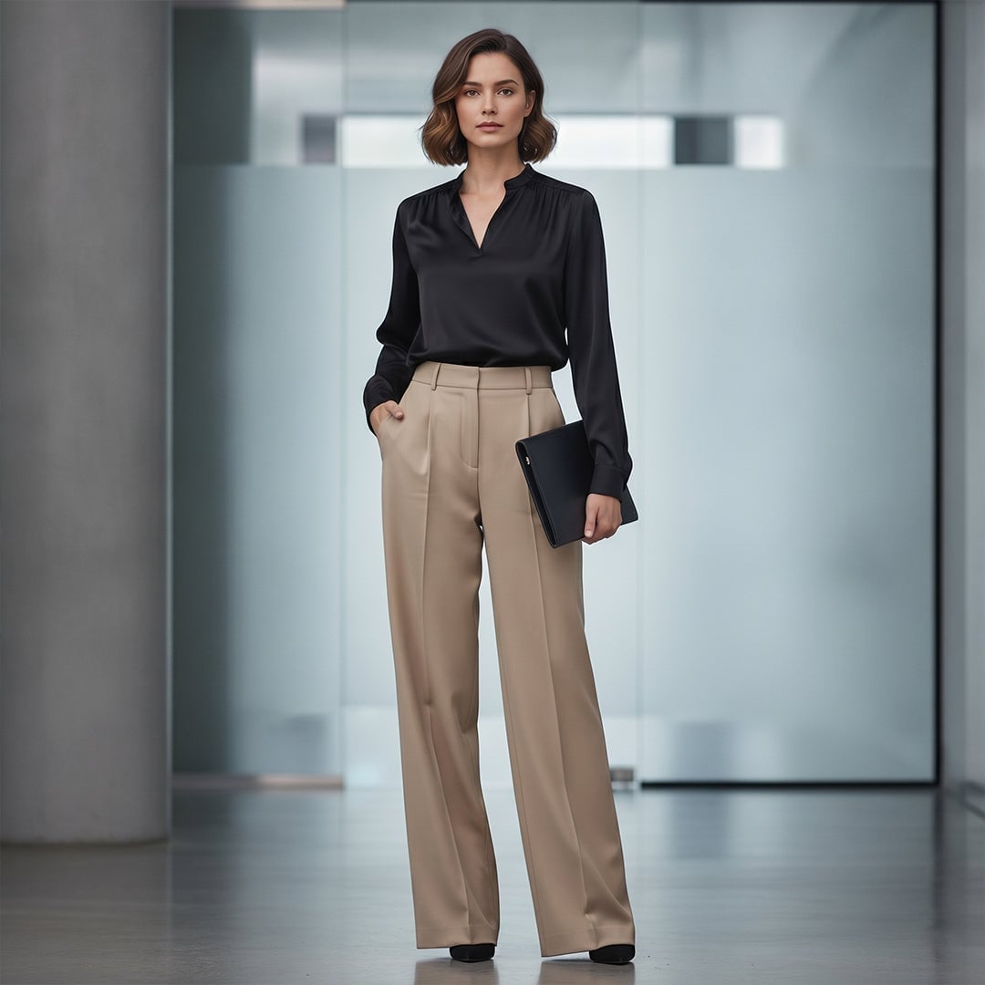 Black Satin Blouse with Beige Wide-Leg Trousers Black Satin Blouse with Beige Wide-Leg Trousers — Simple Job Interview Outfits