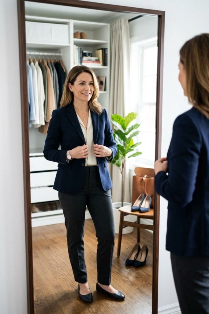 Navy Blazer with Cream Blouse and Grey Trousers, Close-Up Take Navy Blazer with Cream Blouse and Grey Trousers, Close-Up Take — Simple Job Interview Outfits