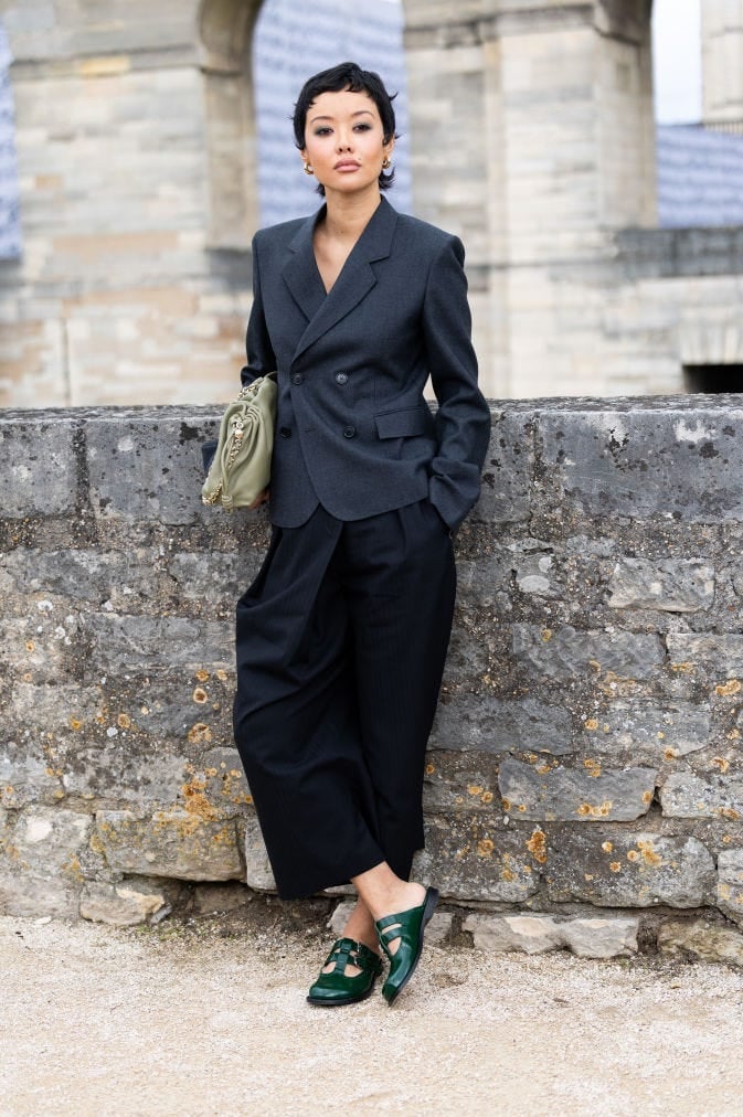 Dark Grey Blazer with Black Wide-Leg Trousers Dark Grey Blazer with Black Wide-Leg Trousers — Simple Job Interview Outfits