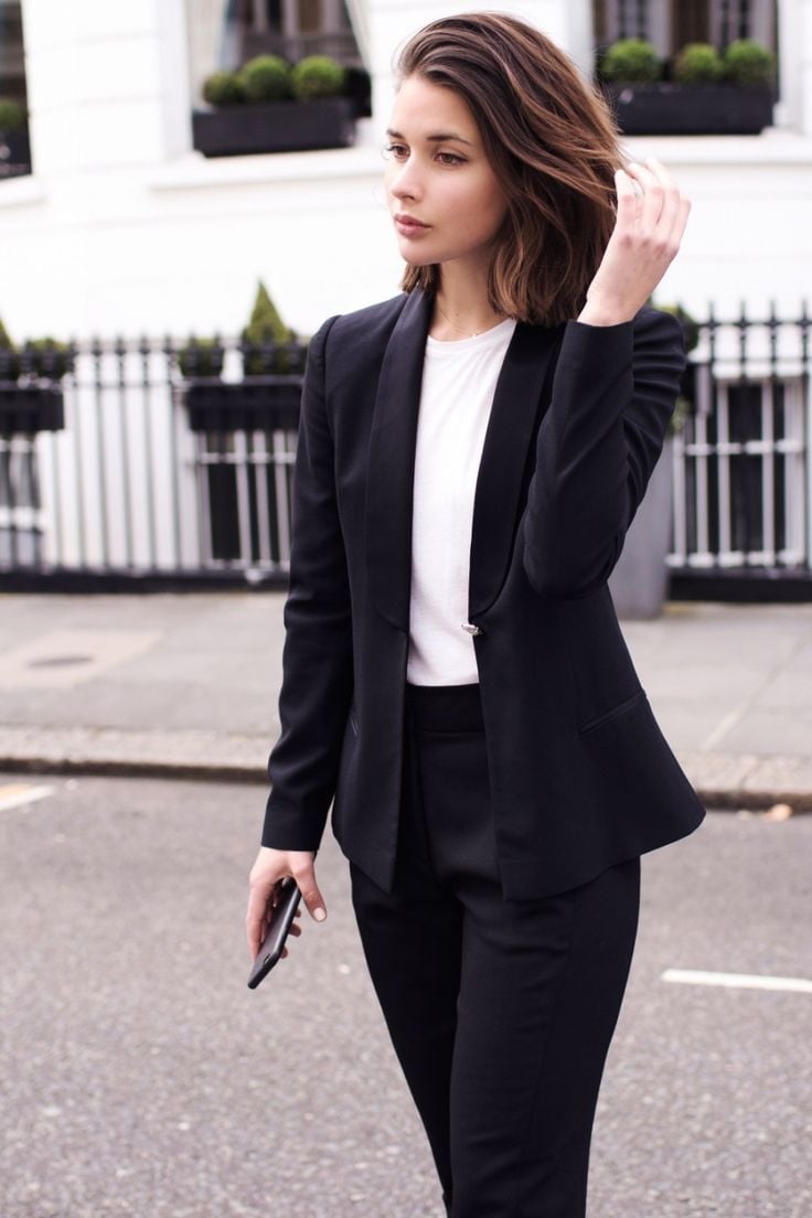 Fitted Black Tuxedo Blazer with Black Trousers Fitted Black Tuxedo Blazer with Black Trousers — Simple Job Interview Outfits