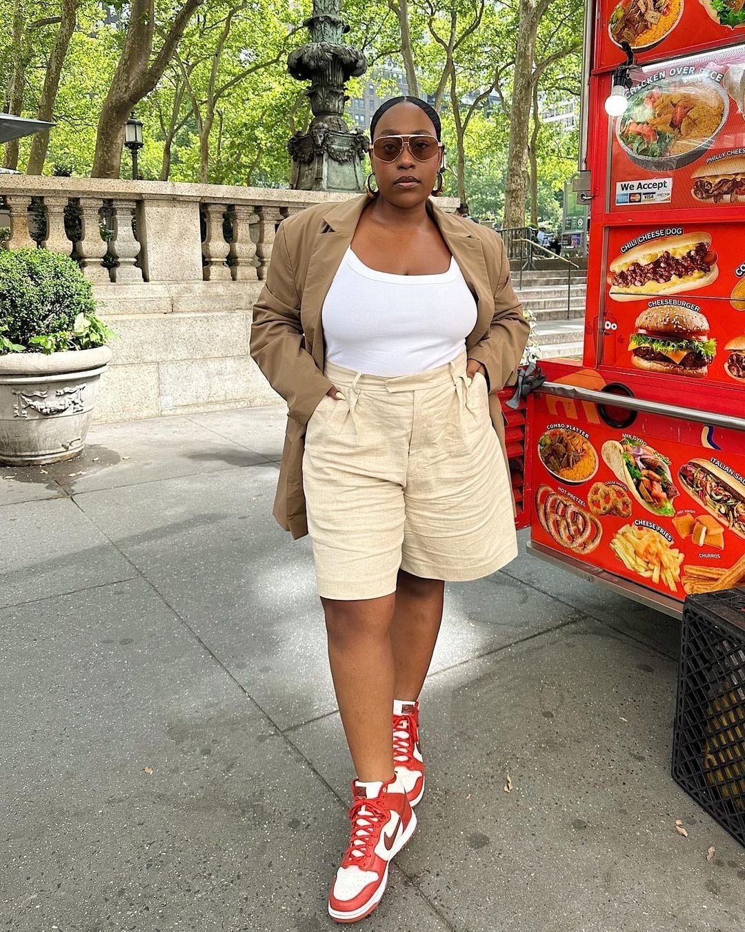 Wide-Leg Shorts and Red High-Top Jordans Wide-Leg Shorts and Red High-Top Jordans — Simple Jordans Outfits