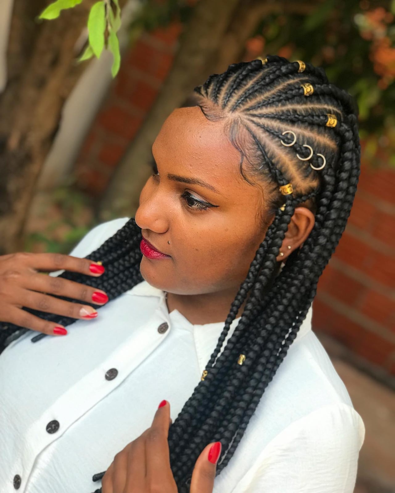 Side Parted Jumbo Braids With Gold Adornments — Simple Jumbo Braids