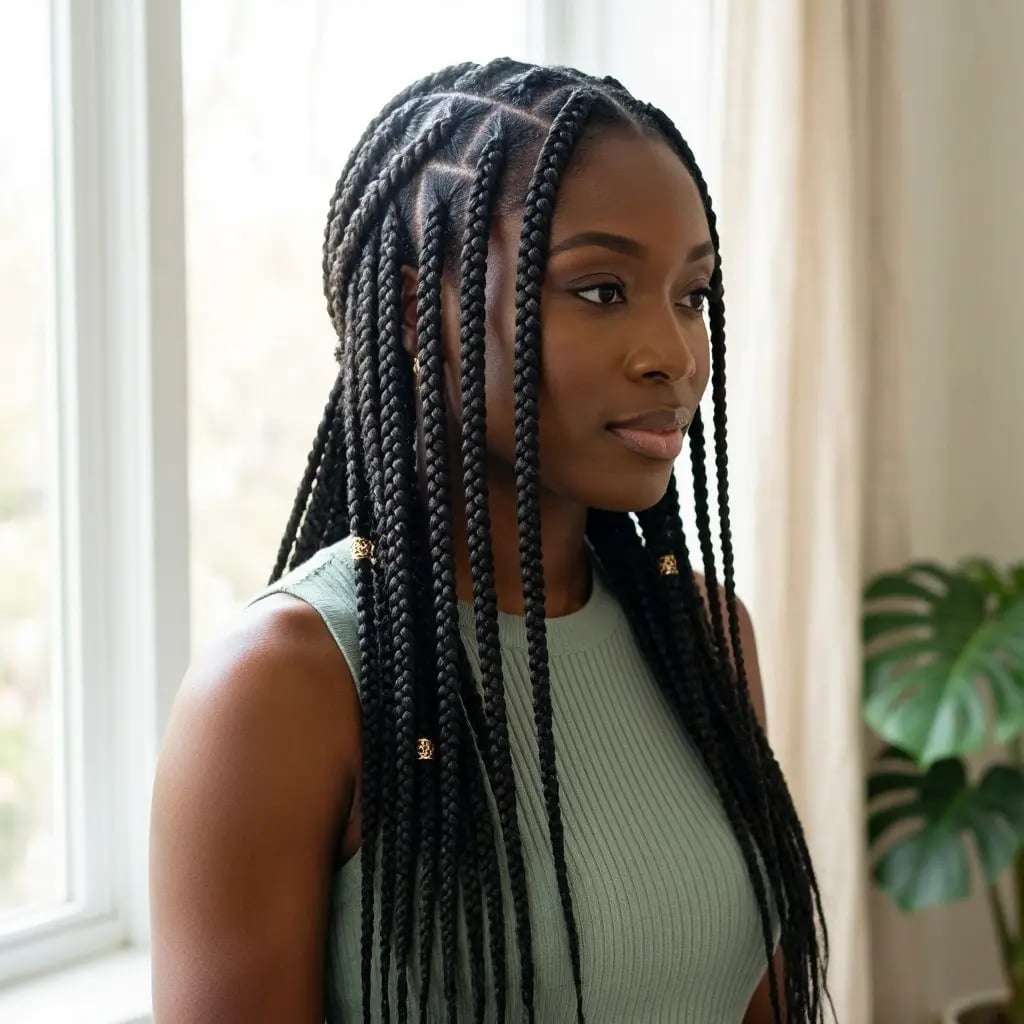 Mid-Back Black Jumbo Braids With Gold Beads — Simple Jumbo Braids