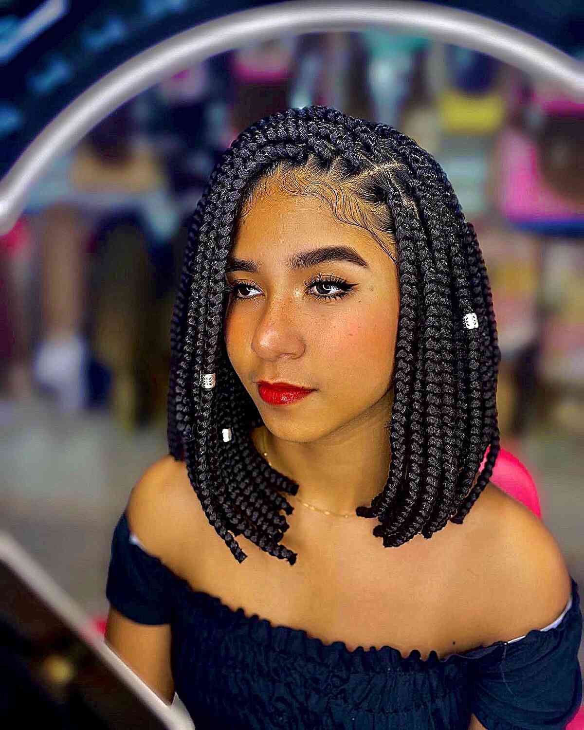 Thick Uniform Box Braids with Silver Beads — Simple Jumbo Braids
