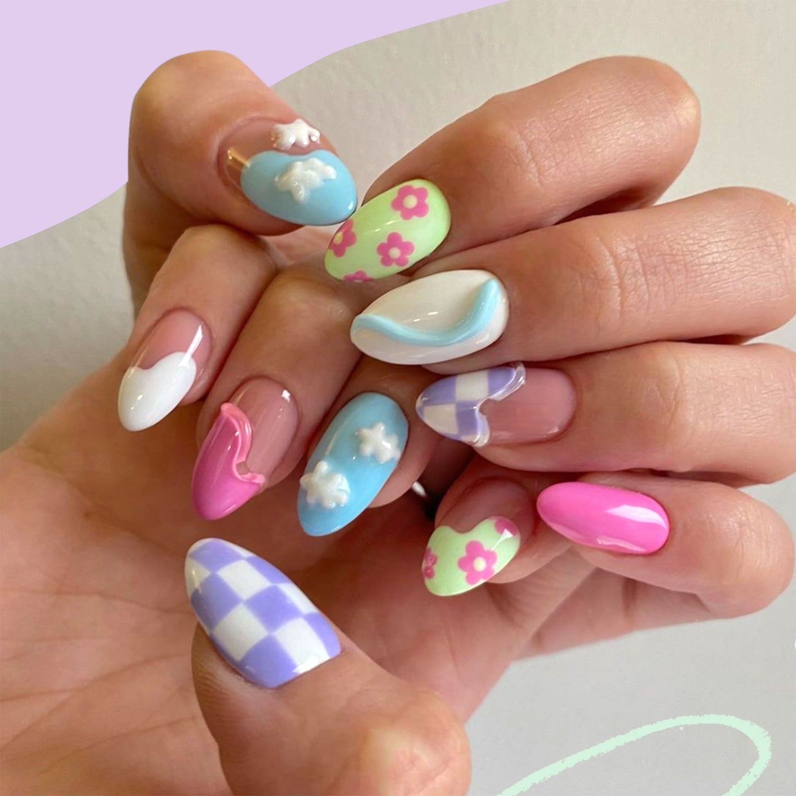 Medium Almond Nails With Clouds Flowers And Checkerboard Medium Almond Nails With Clouds Flowers And Checkerboard — Simple Kawaii Nails