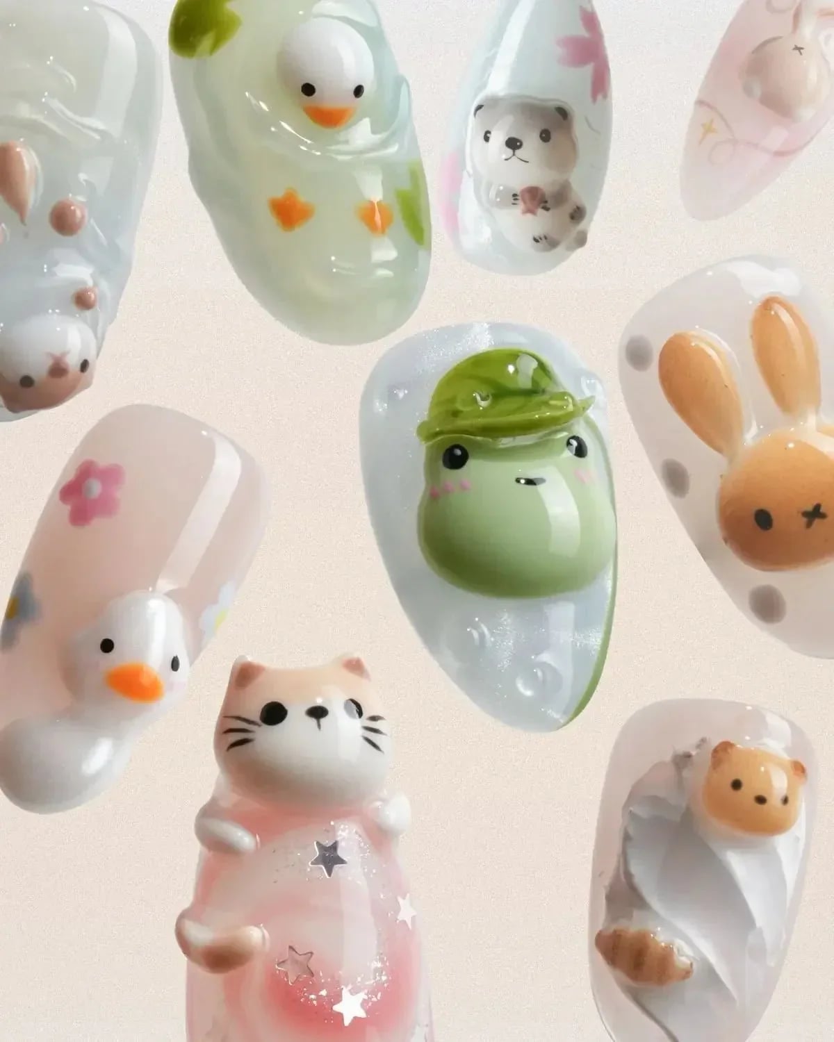 Almond Nails With 3D Frog Duck Bear Cat Charms Almond Nails With 3D Frog Duck Bear Cat Charms — Simple Kawaii Nails