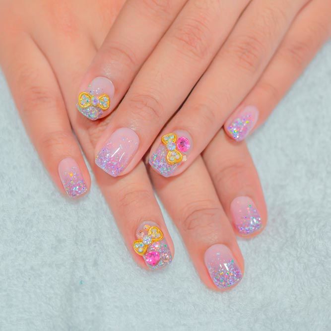 Short Almond Nails With 3D Gold Bows And Rhinestones Short Almond Nails With 3D Gold Bows And Rhinestones — Simple Kawaii Nails