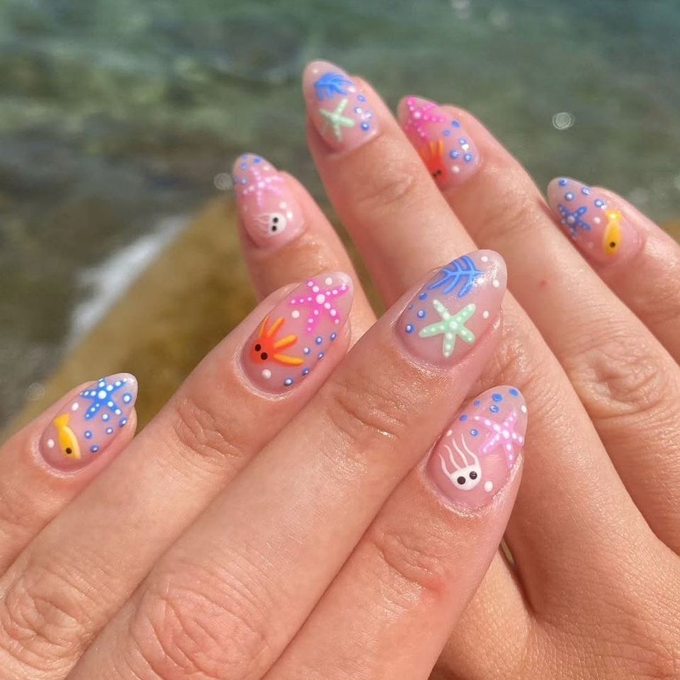 Medium Almond Nails With Sea Creature Art Medium Almond Nails With Sea Creature Art — Simple Kawaii Nails