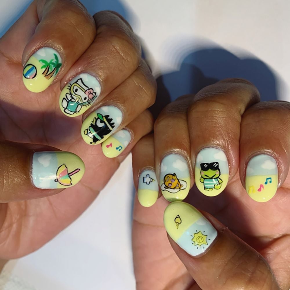 Short Oval Nails With Anime Characters And Summer Motifs Short Oval Nails With Anime Characters And Summer Motifs — Simple Kawaii Nails
