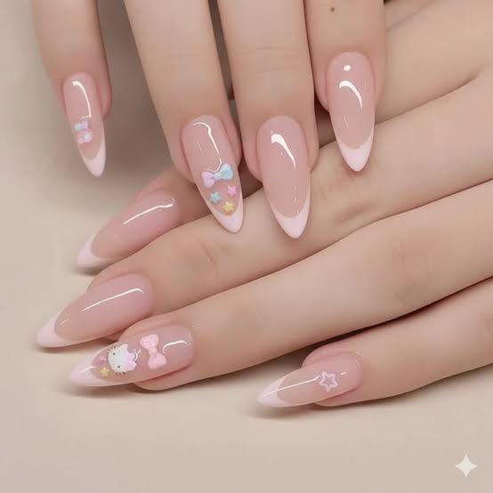 Long Almond Nails With Hello Kitty Stickers Long Almond Nails With Hello Kitty Stickers — Simple Kawaii Nails