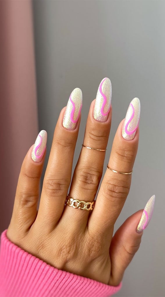 Long Oval Nails With White Shimmer And Pink Wavy Lines Long Oval Nails With White Shimmer And Pink Wavy Lines — Simple Kawaii Nails