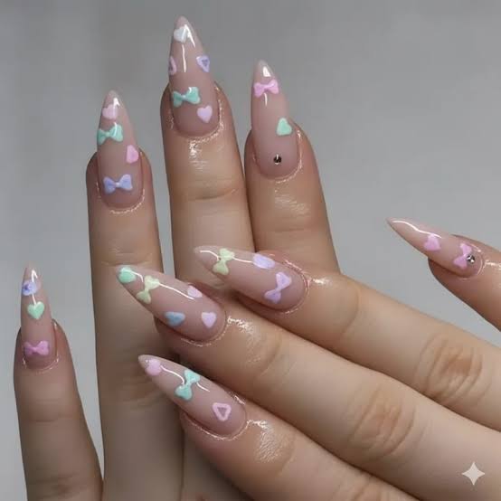 Long Stiletto Nails With Pastel Bows And Hearts Long Stiletto Nails With Pastel Bows And Hearts — Simple Kawaii Nails