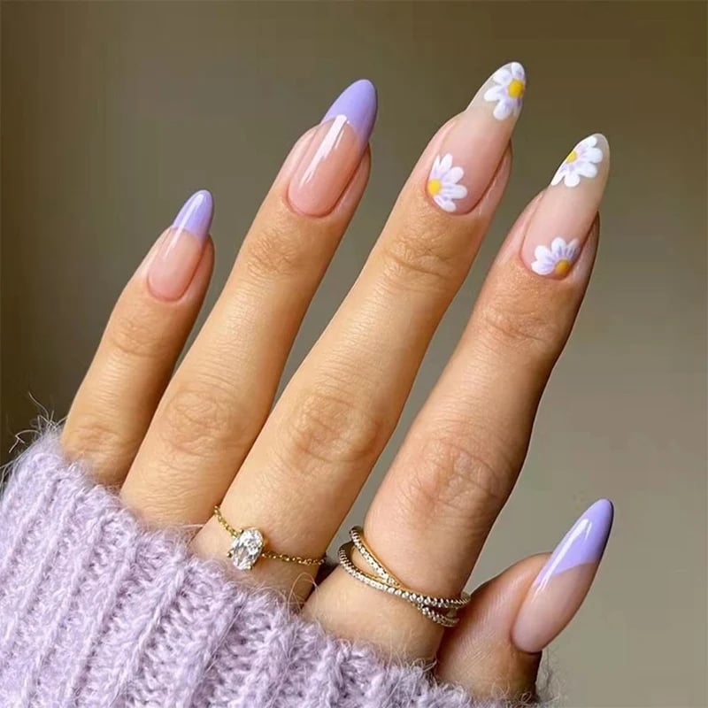 Almond Lavender French Tip With Daisy Accents Almond Lavender French Tip With Daisy Accents — Simple Kawaii Nails