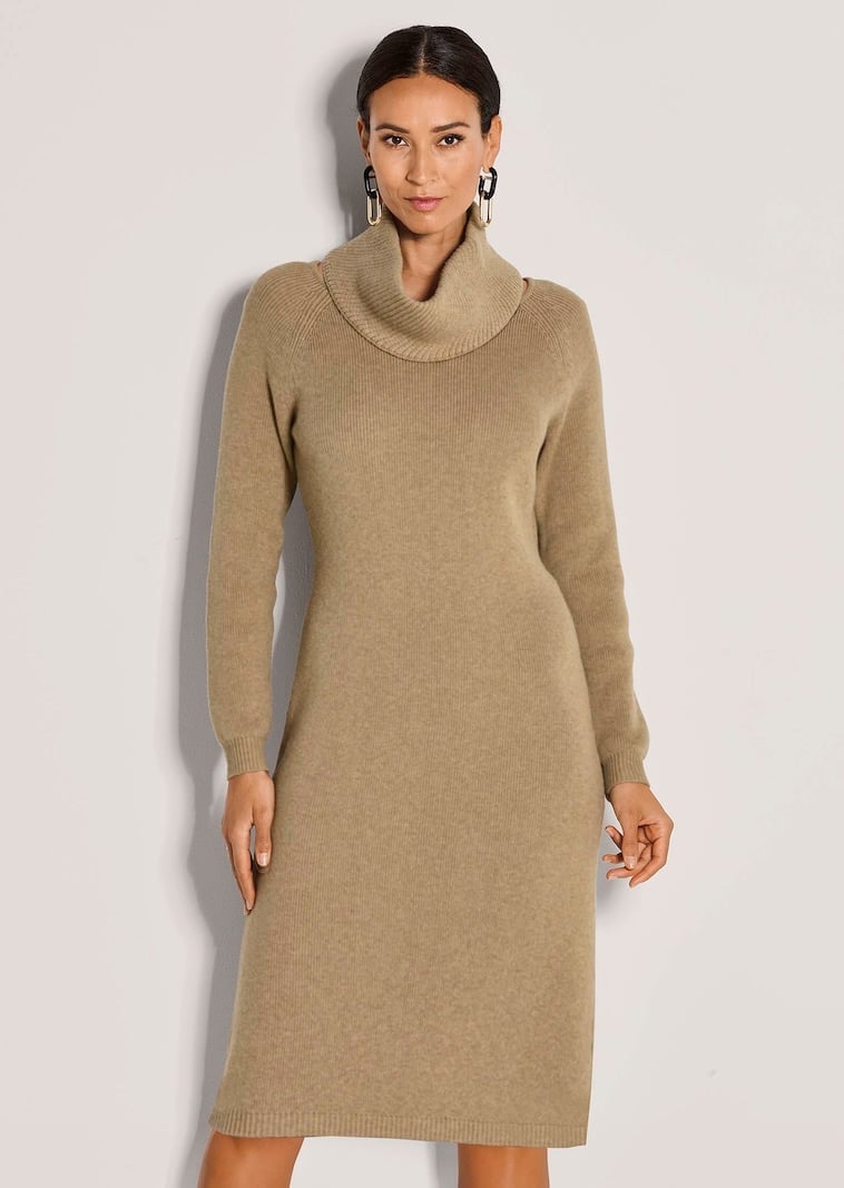 Camel Ribbed Knit Midi Dress with Cowl Neck Camel Ribbed Knit Midi Dress with Cowl Neck — Simple Knitted Dresses