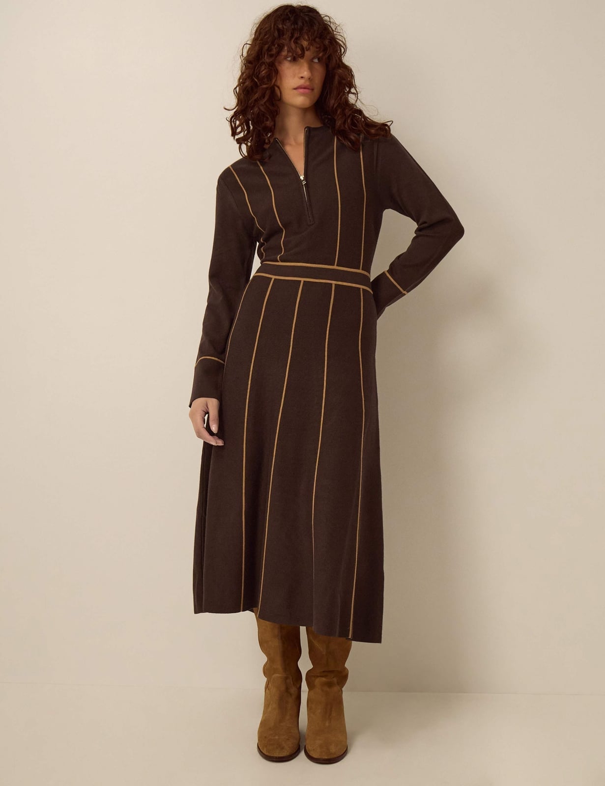 Brown Knit Sweater Dress with Zip Neckline, Close-Up Take Brown Knit Sweater Dress with Zip Neckline, Close-Up Take — Simple Knitted Dresses