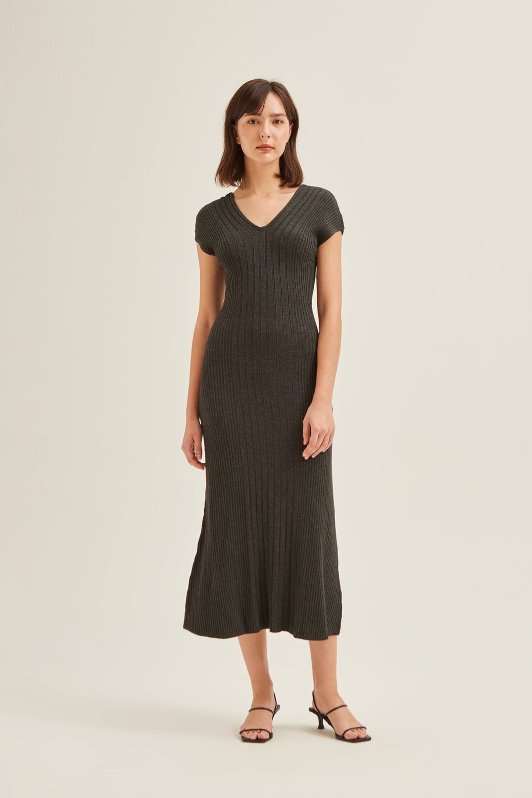 Dark Grey Ribbed Knit Dress with A-line Skirt, Fitted Dark Grey Ribbed Knit Dress with A-line Skirt, Fitted — Simple Knitted Dresses