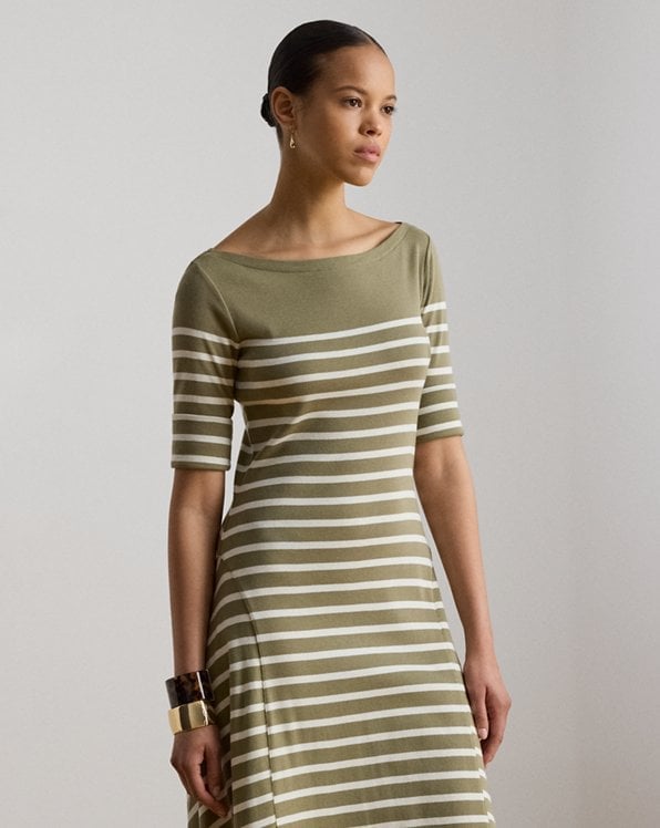 Striped Knit Midi Dress with Boat Neck and Large Patterned Bracelet Striped Knit Midi Dress with Boat Neck and Large Patterned Bracelet — Simple Knitted Dresses