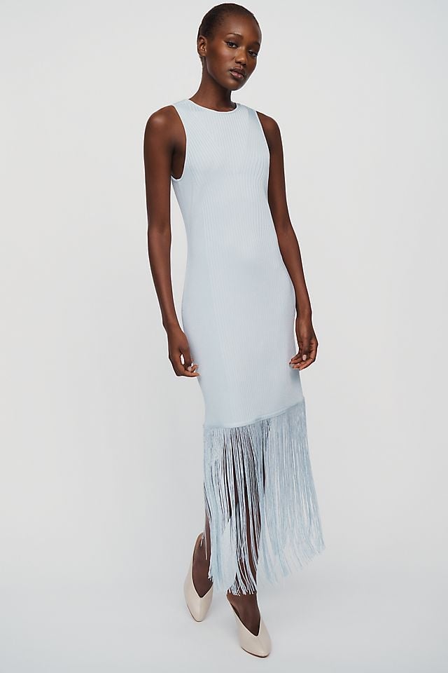 Light Blue Ribbed Knit Dress with Fringe Hem Light Blue Ribbed Knit Dress with Fringe Hem — Simple Knitted Dresses