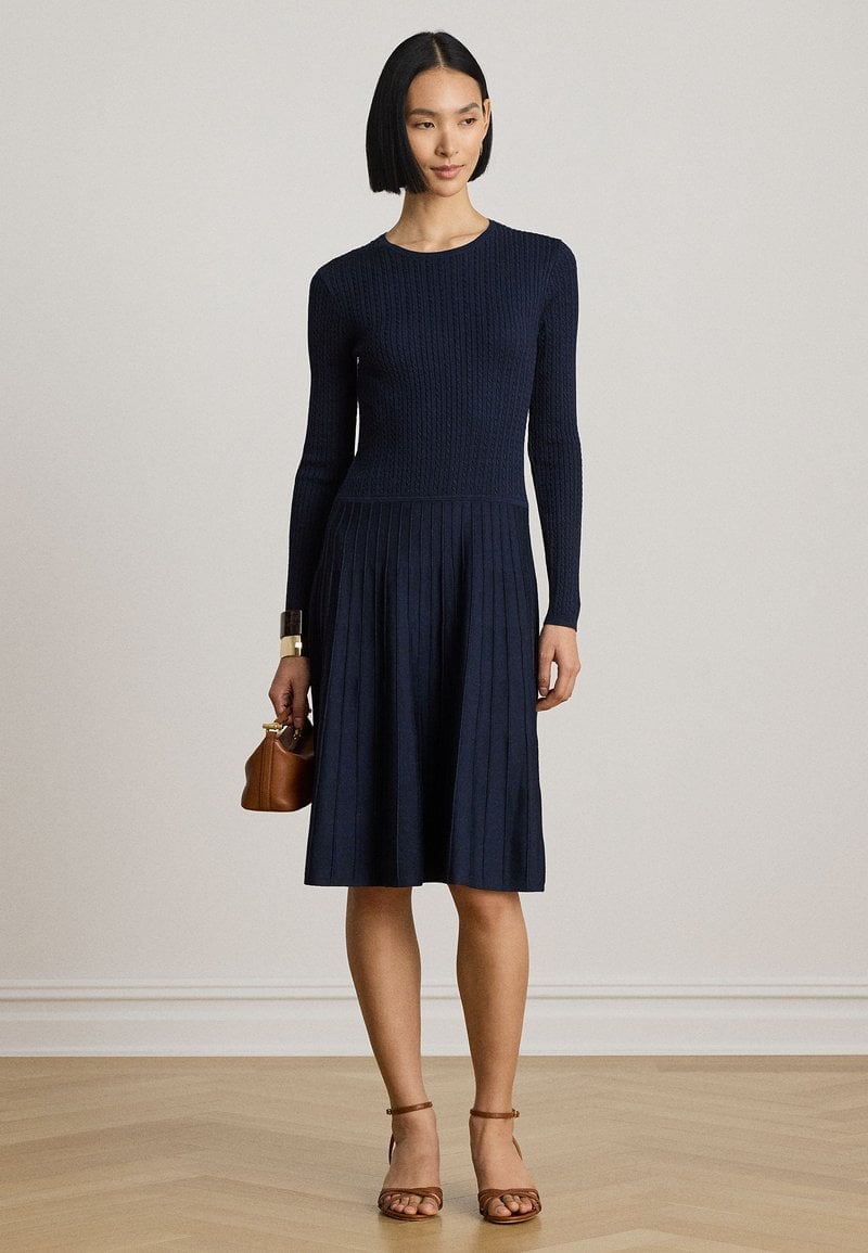 Navy Blue Knit Dress with Pleated Skirt Navy Blue Knit Dress with Pleated Skirt — Simple Knitted Dresses