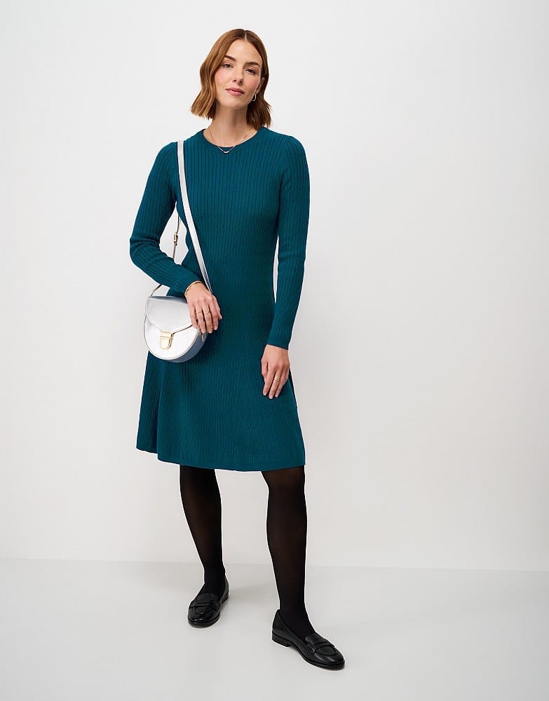 Teal Fit and Flare Knit Dress with Loafers Teal Fit and Flare Knit Dress with Loafers — Simple Knitted Dresses