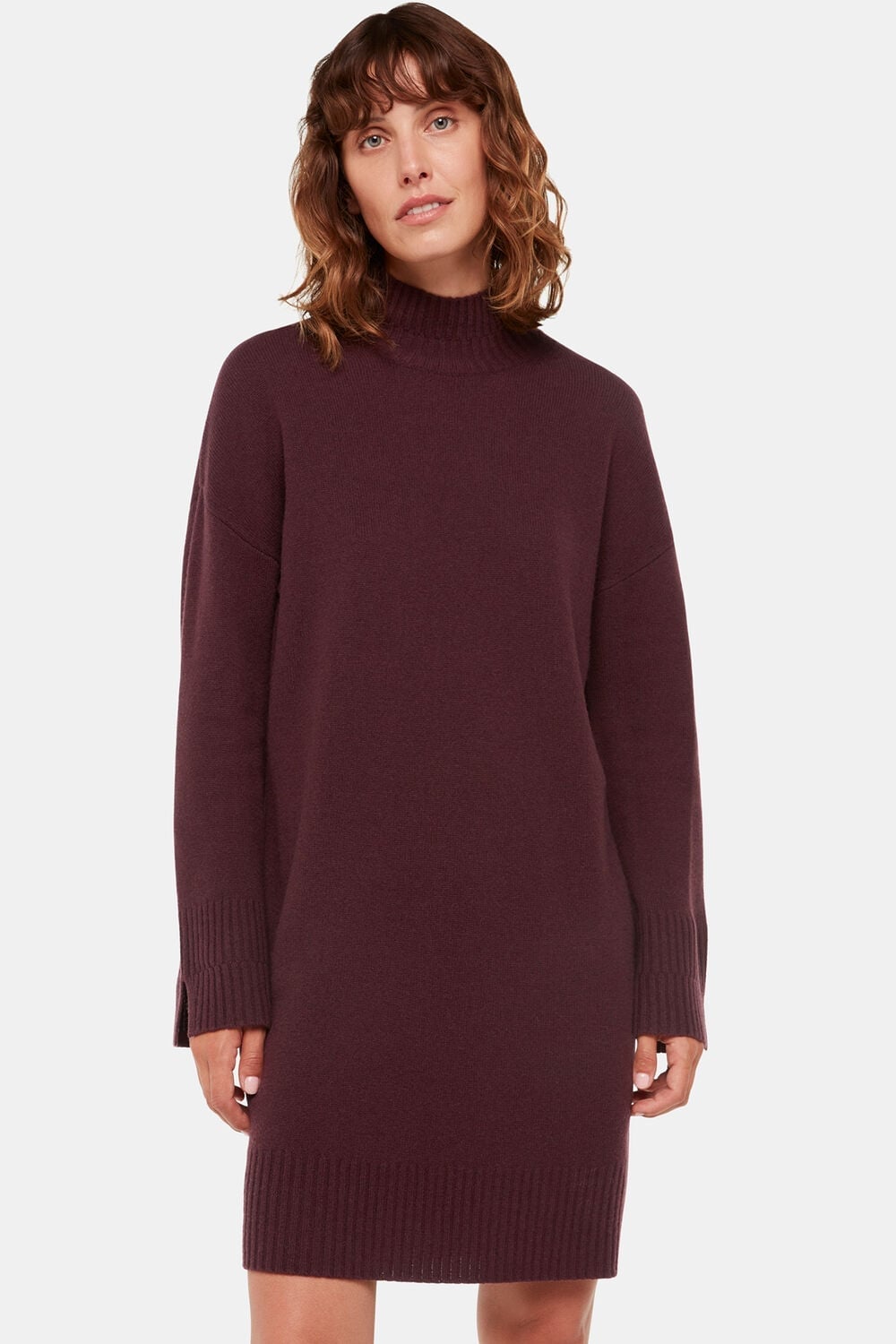 Deep Burgundy Oversized Knit Dress with High Neck, Close-Up Take Deep Burgundy Oversized Knit Dress with High Neck, Close-Up Take — Simple Knitted Dresses
