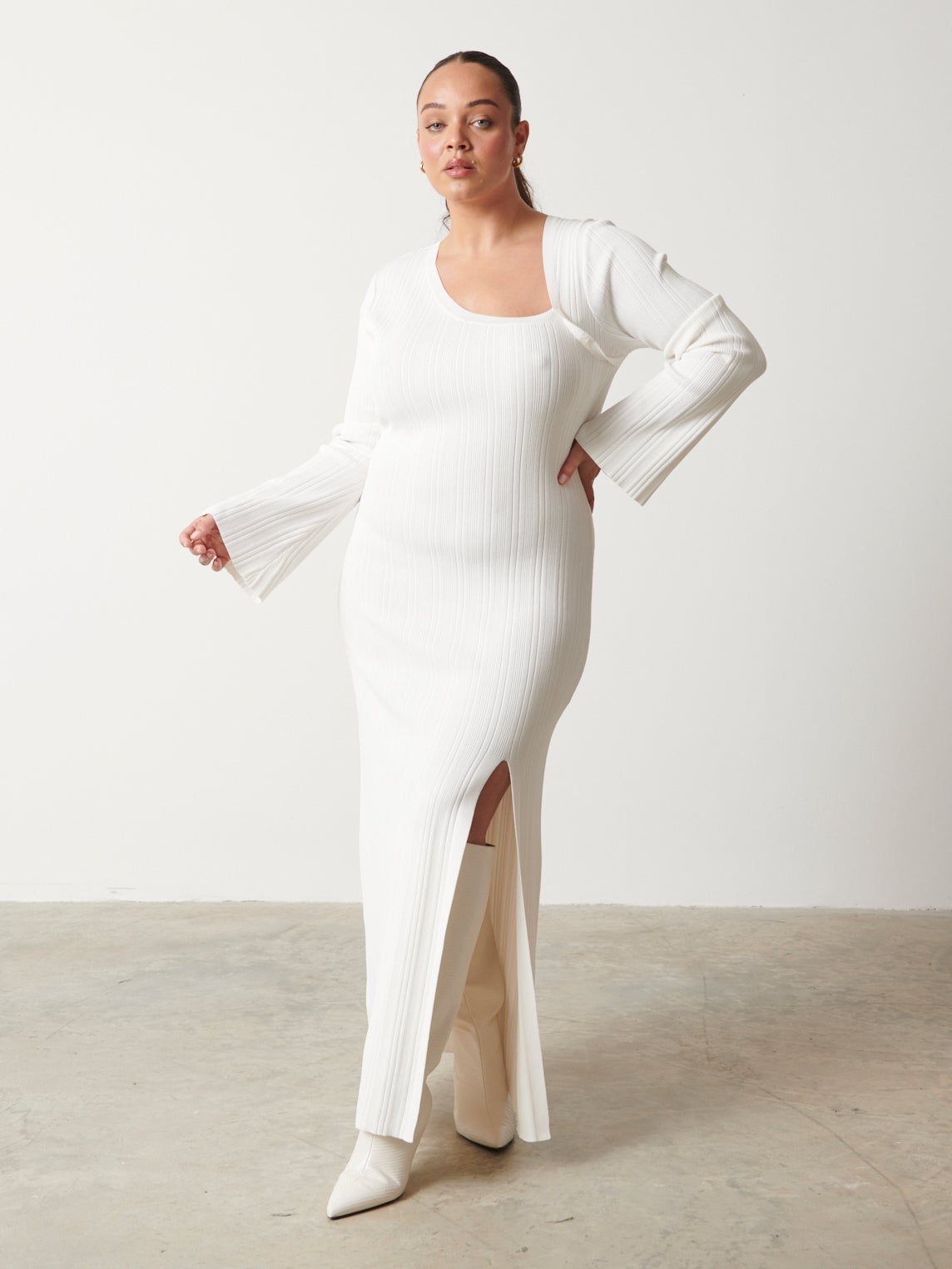 White Ribbed Knit Maxi Dress with a Thigh-High Slit White Ribbed Knit Maxi Dress with a Thigh-High Slit — Simple Knitted Dresses