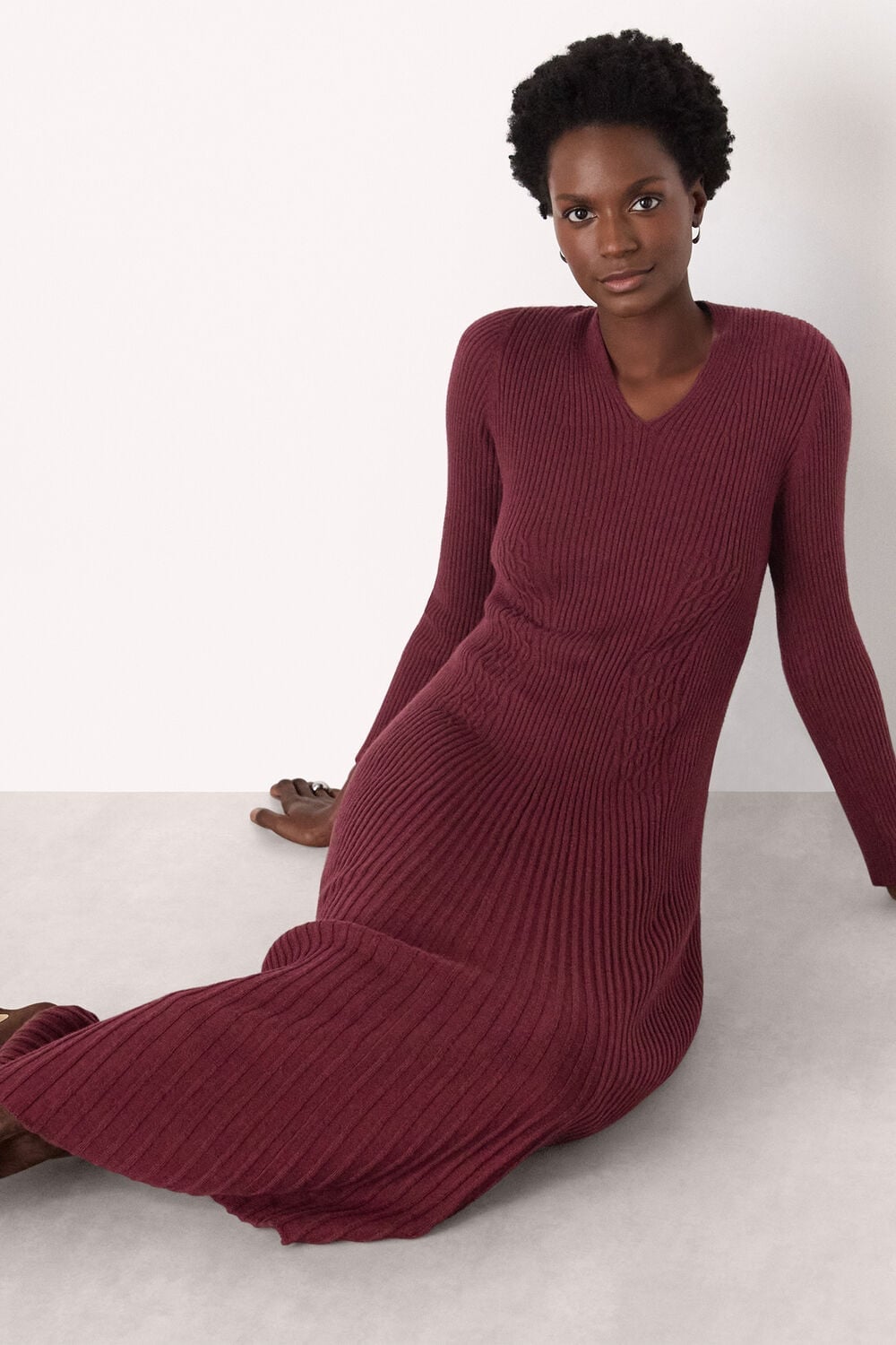 Burgundy Long Sleeve Knit Dress with Cable Detail Burgundy Long Sleeve Knit Dress with Cable Detail — Simple Knitted Dresses