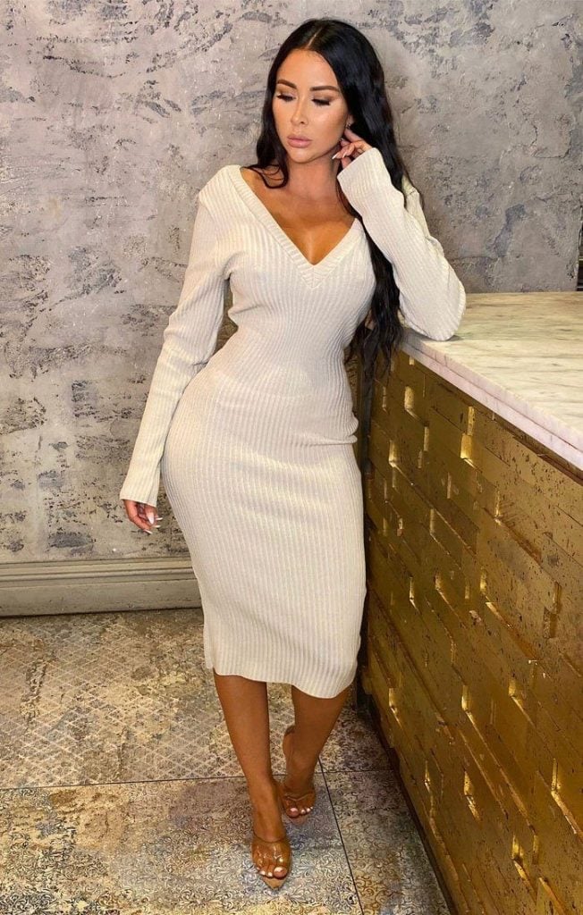 Off-white V-neck Ribbed Knit Midi Dress Off-white V-neck Ribbed Knit Midi Dress — Simple Knitted Dresses