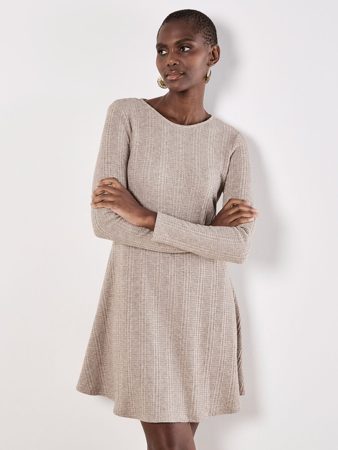 Beige Ribbed Knit Dress with A-line Skirt Beige Ribbed Knit Dress with A-line Skirt — Simple Knitted Dresses