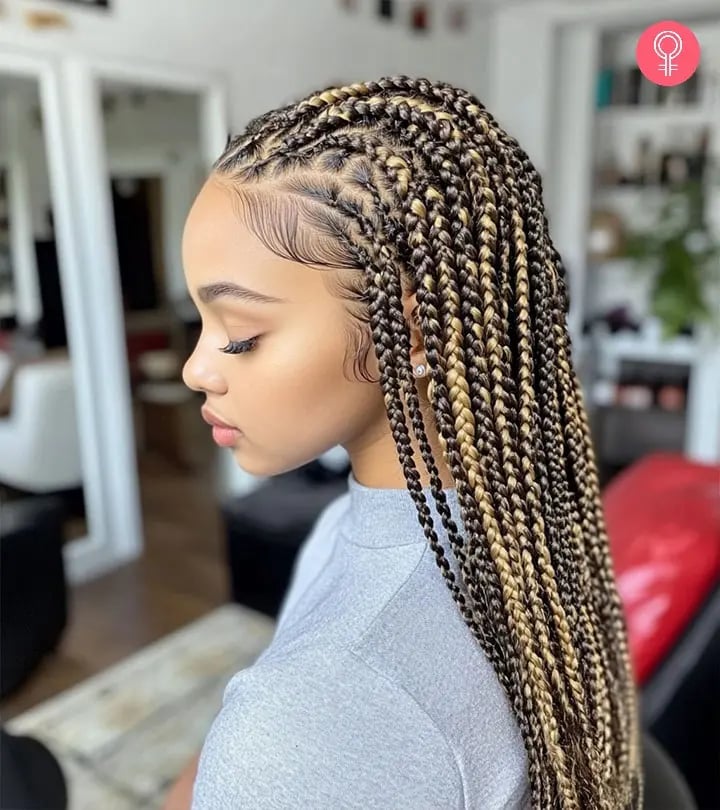 Mid-Back Wavy Dark Brown With Blonde Highlights Mid-Back Wavy Dark Brown With Blonde Highlights — Simple Knotless Box Braids