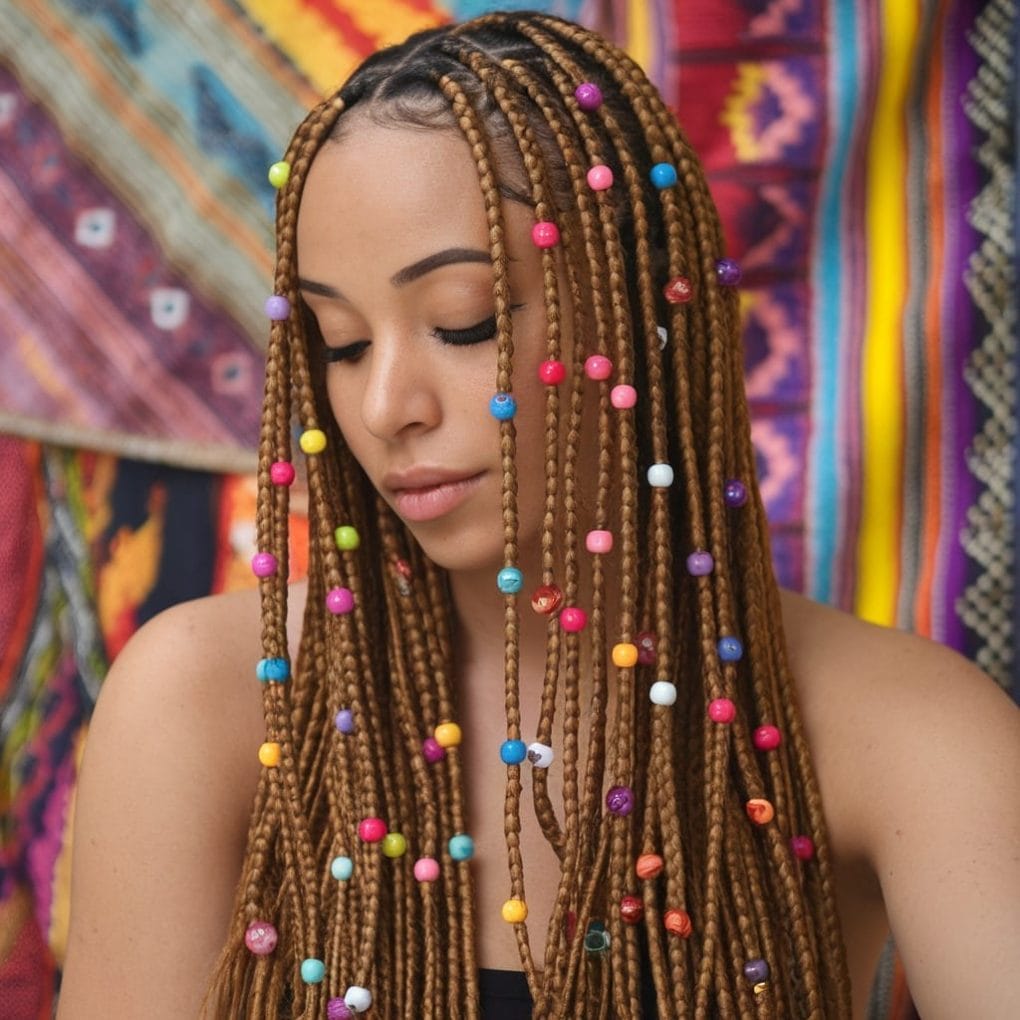 Mid-Back Light Brown Braids With Colorful Beads Mid-Back Light Brown Braids With Colorful Beads — Simple Knotless Box Braids