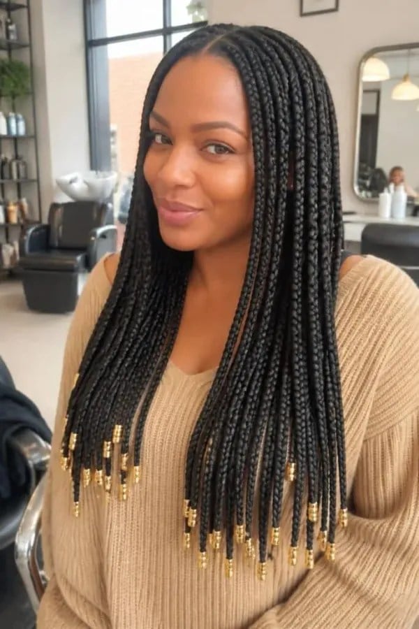 Mid-Back Straight Braids With Gold Beads Mid-Back Straight Braids With Gold Beads — Simple Knotless Box Braids