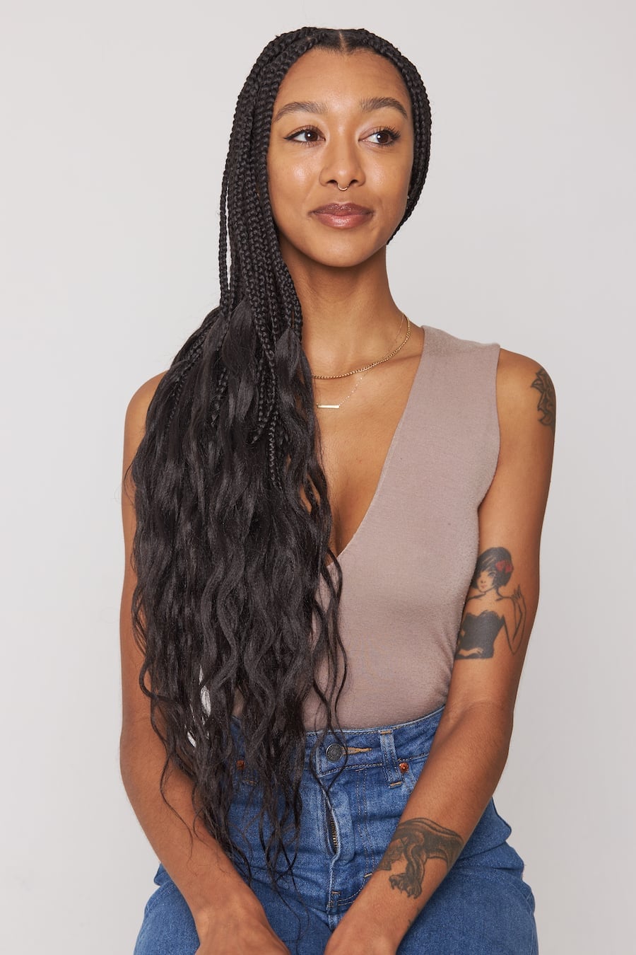 Mid-Back Side Part Braids With Wavy Ends Mid-Back Side Part Braids With Wavy Ends — Simple Knotless Box Braids