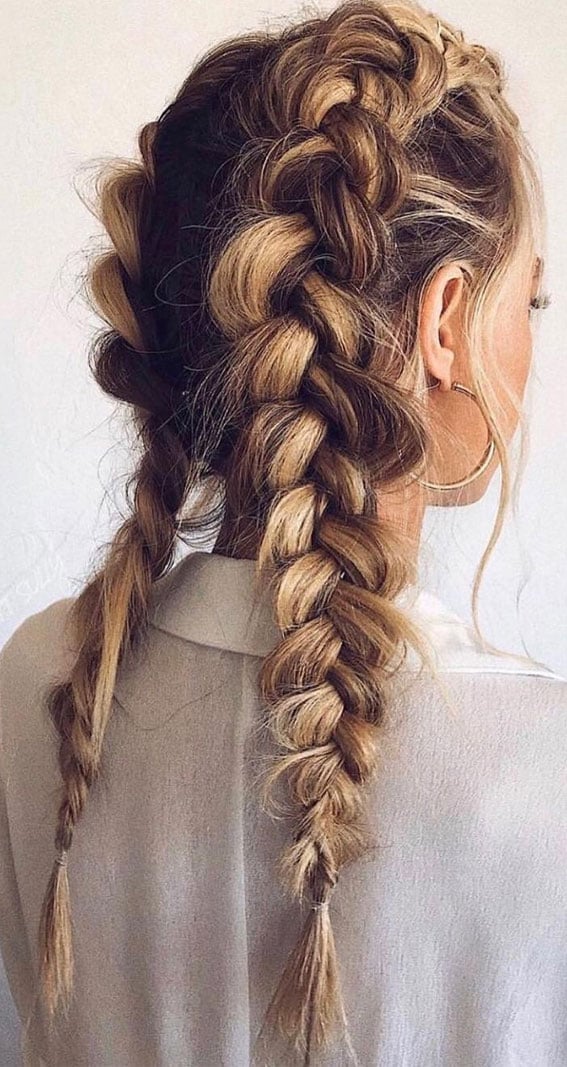 Blonde Braided Pigtails With Root Shadow — Simple Large Braids