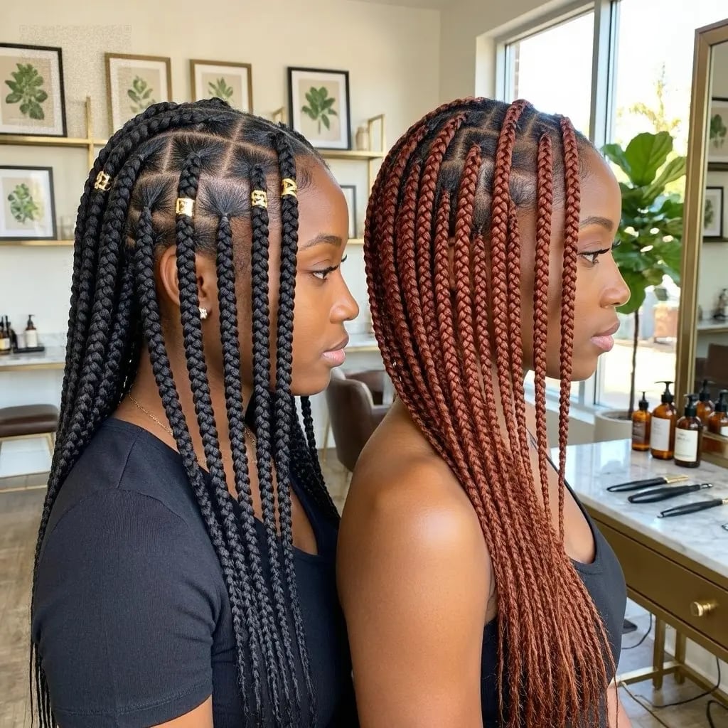 Contrasting Black and Auburn Box Braids — Simple Large Braids
