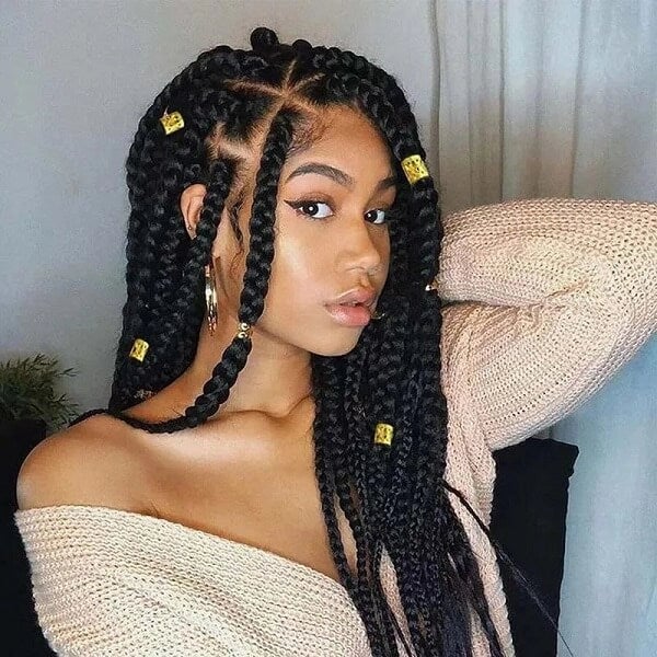 Mid-Back Wavy Box Braids With Gold Accessories Mid-Back Wavy Box Braids With Gold Accessories — Simple Large Knotless Braids