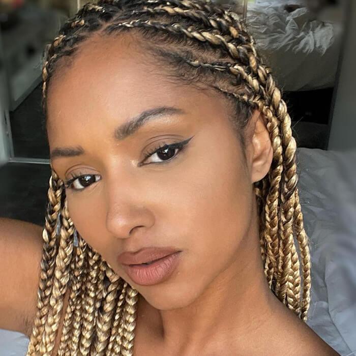 Collarbone Wavy Box Braids With Blonde Highlights, Side Collarbone Wavy Box Braids With Blonde Highlights, Side — Simple Large Knotless Braids