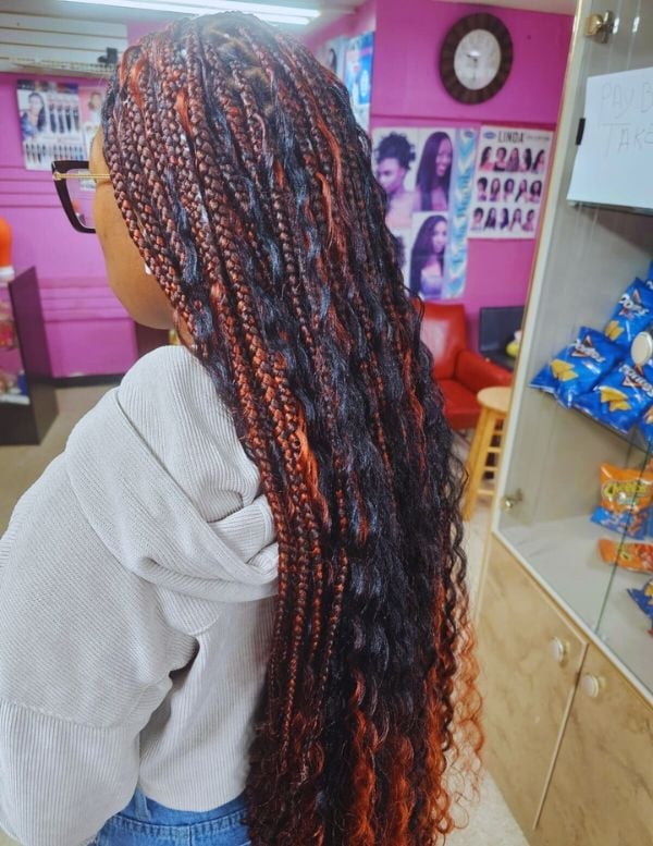Mid-Back Wavy Braids With Black And Orange Color Mid-Back Wavy Braids With Black And Orange Color — Simple Large Knotless Braids