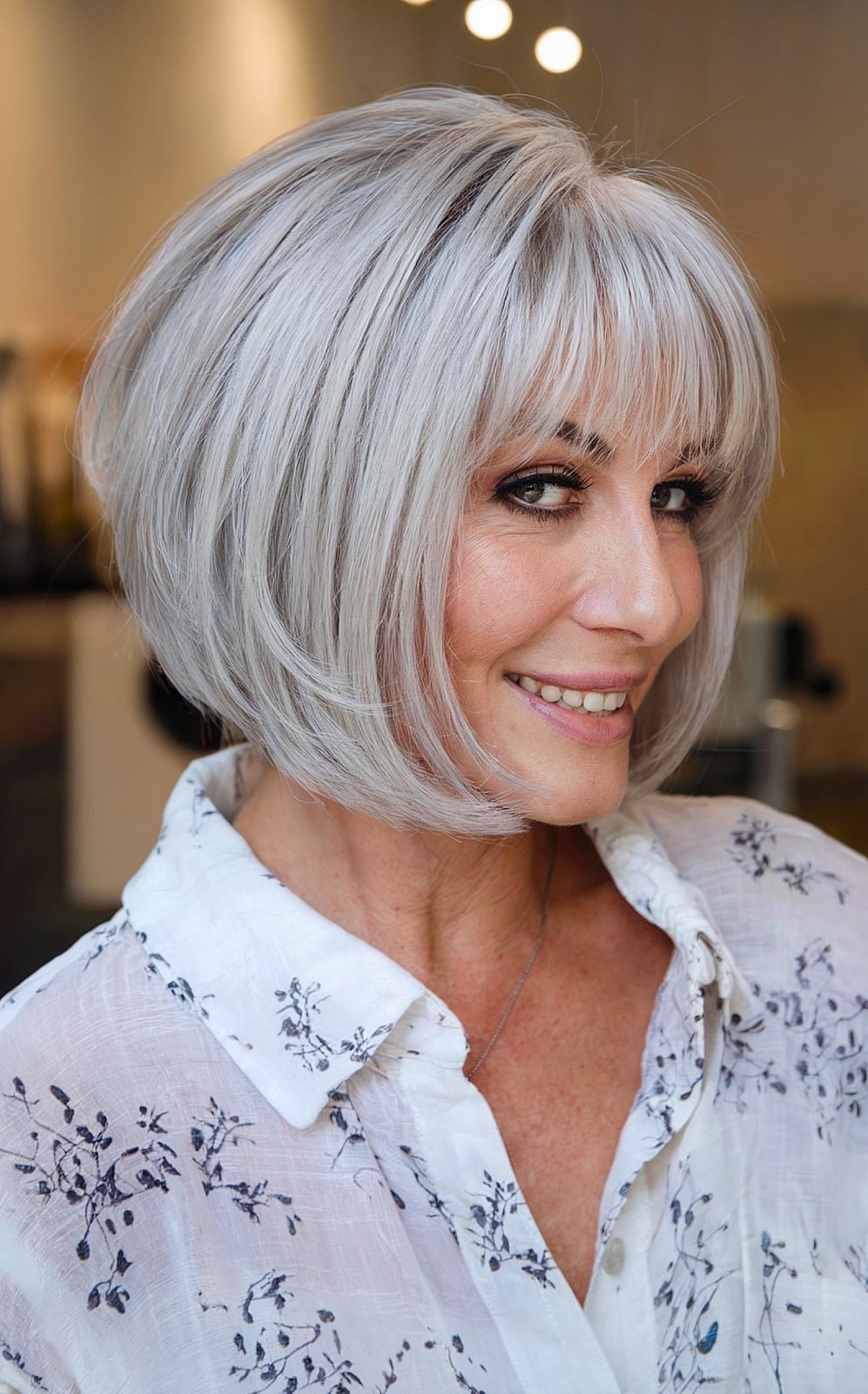 Chin Length Bob With Full Bangs, Grey — Simple Layer Bob