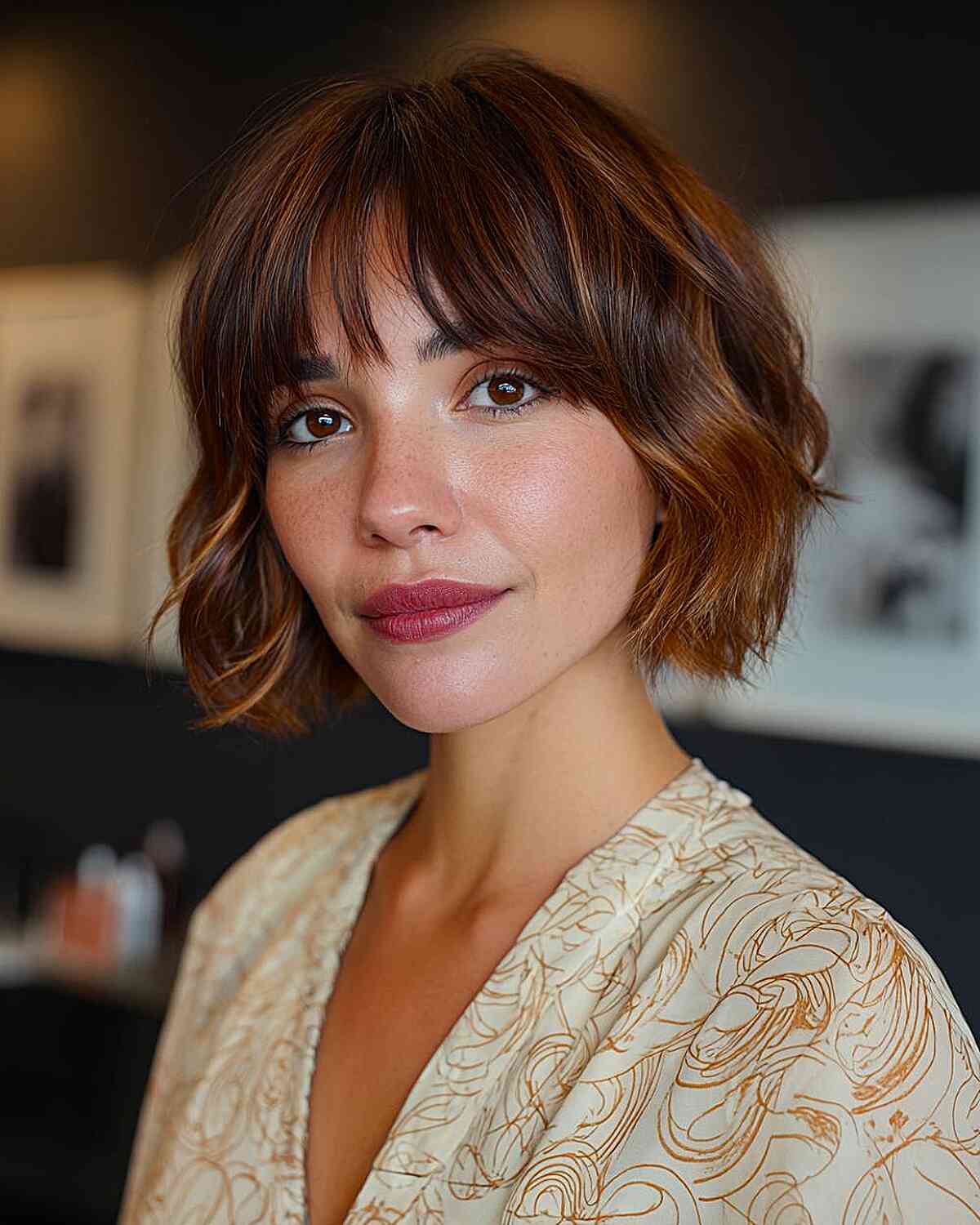Chin Length Bob With Prominent Curtain Bangs Chin Length Bob With Prominent Curtain Bangs — Simple Layered Bob Hairstyles