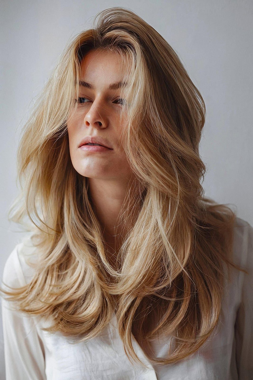 Mid-Back Ash Blonde With Curtain Bangs — Simple Layered Haircuts for Long Hair