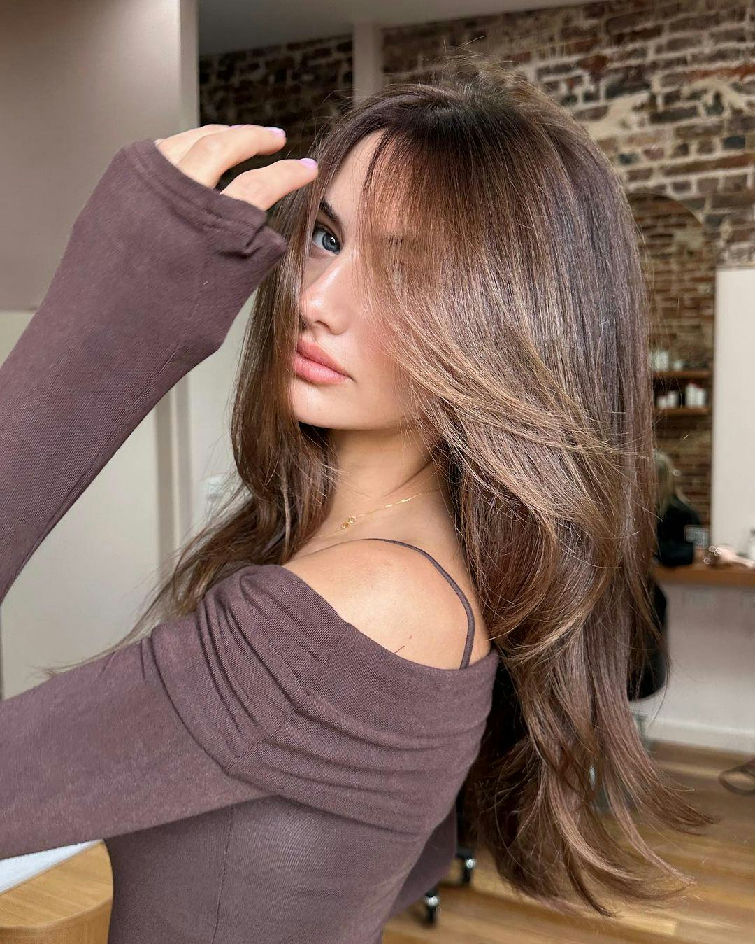 Dark Brown With Blonde Highlights And Curtain Bangs — Simple Layered Haircuts for Long Hair