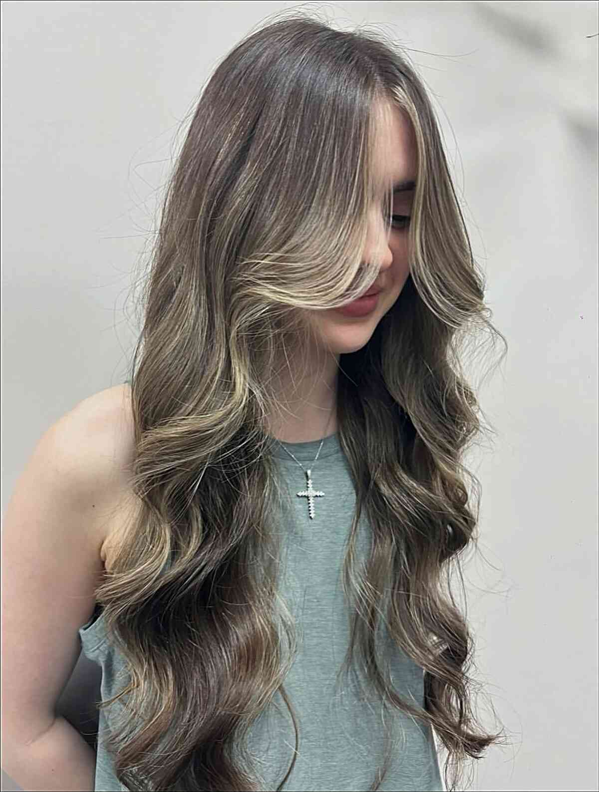 Dark Brown With Blonde Money Piece And Side Part — Simple Layered Haircuts for Long Hair
