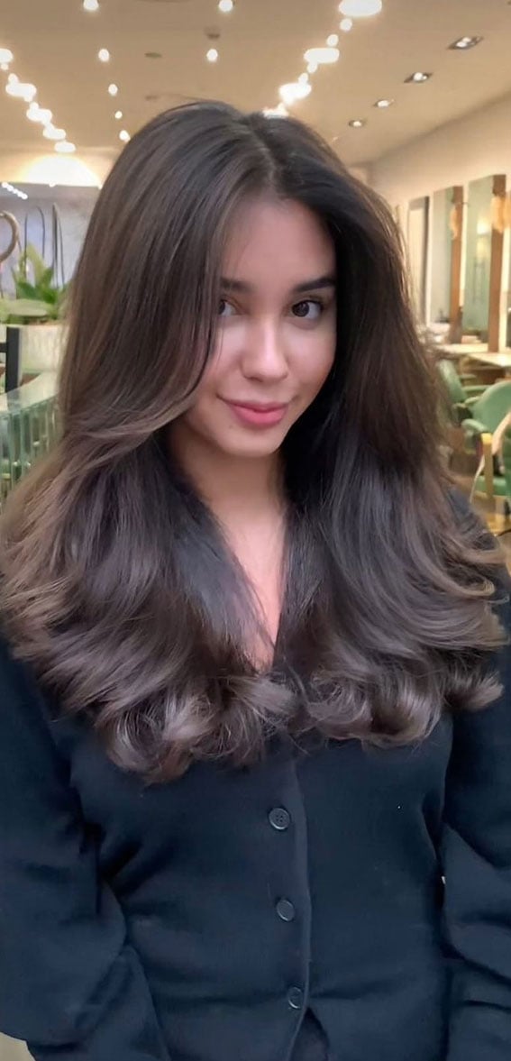 Dark Chocolate Brown With Curtain Bangs And Layers — Simple Layered Haircuts for Long Hair
