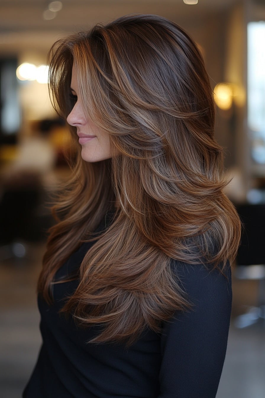 Brown With Blonde Highlights And Cascading Layers, Mid-Back — Simple Layered Haircuts for Long Hair