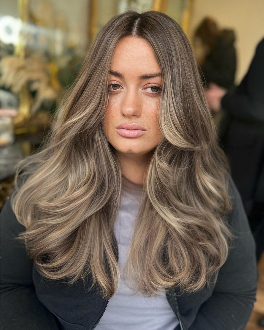 Dark Brown With Highlights And Curtain Bangs, Close-Up Take — Simple Layered Haircuts for Long Hair