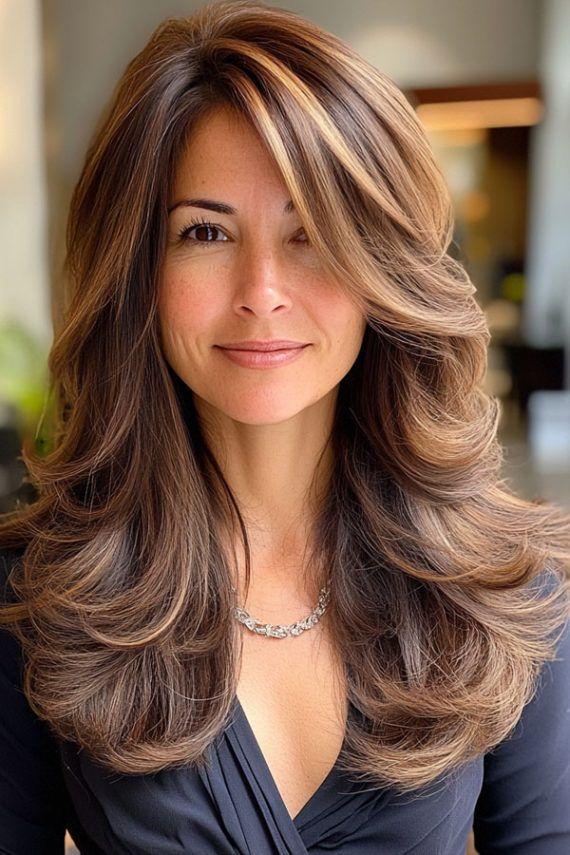 Collarbone Medium Brown With Caramel Highlights — Simple Layered Haircuts for Long Hair