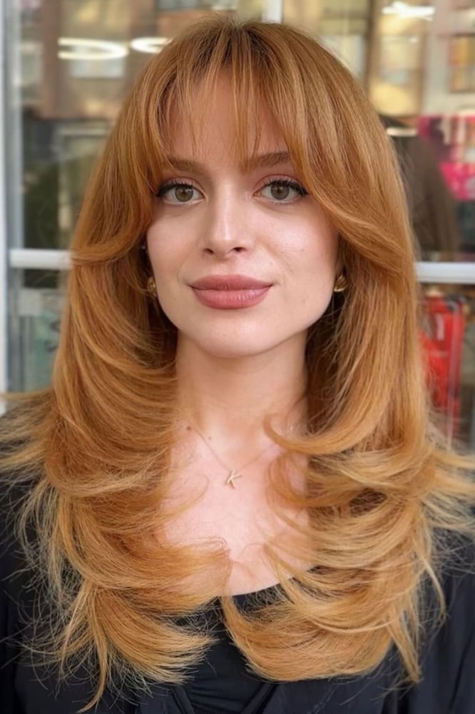 Collarbone Copper Red With Curtain Bangs — Simple Layered Haircuts for Long Hair