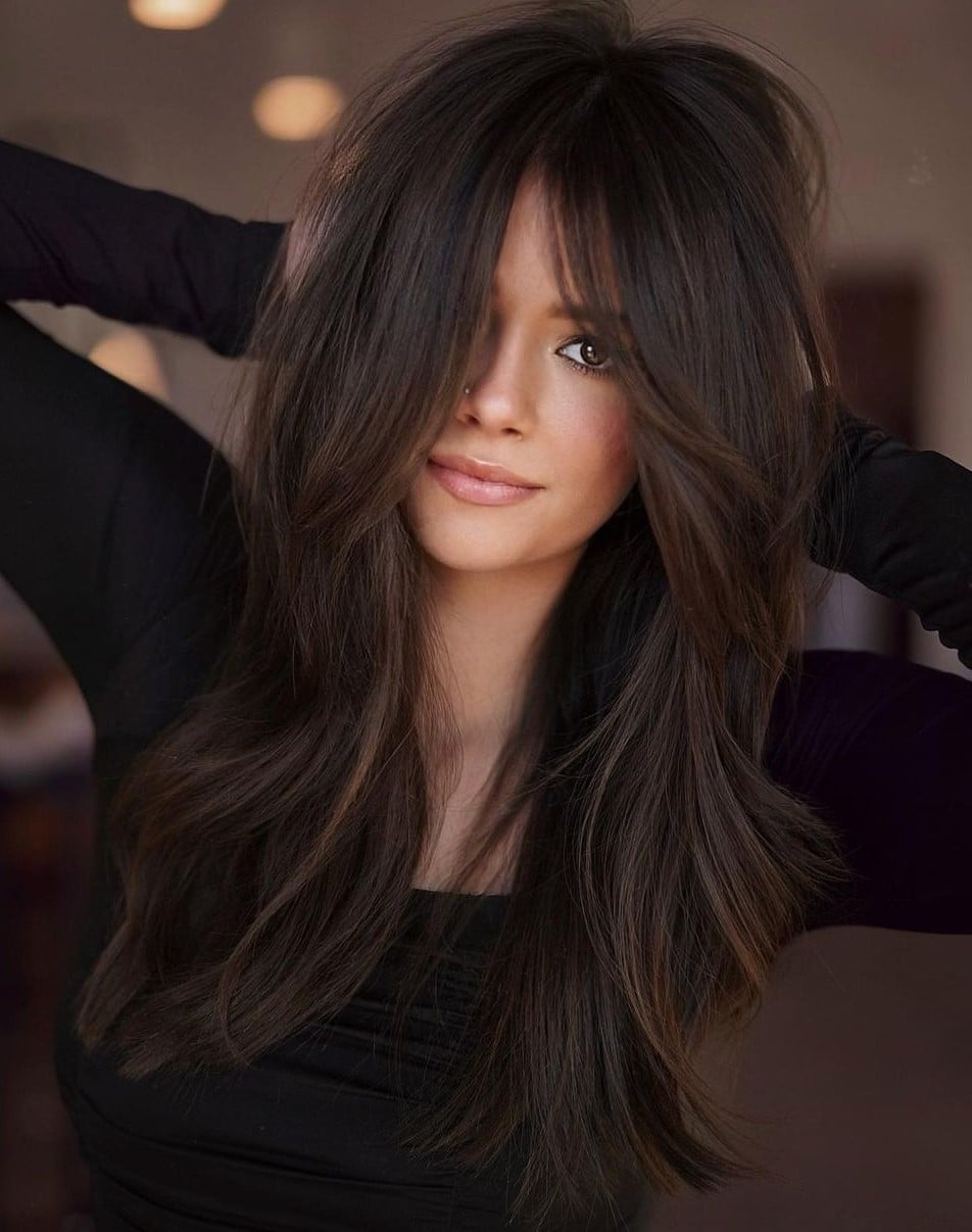 Dark Brown With Face-Framing Layers And Curtain Bangs, Mid-Back — Simple Layered Haircuts for Long Hair