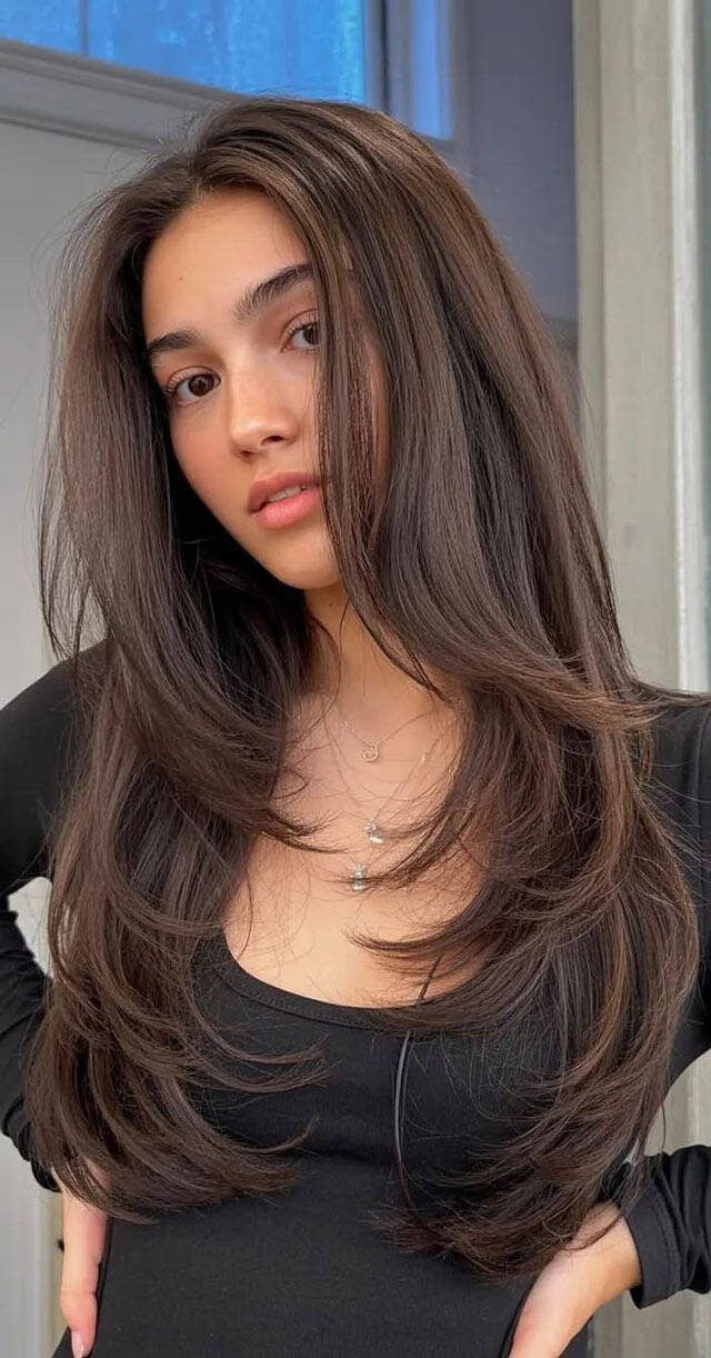 Mid-Back Dark Brown Layers With Subtle Highlights, Close-Up Take Mid-Back Dark Brown Layers With Subtle Highlights, Close-Up Take — Simple Layers Hairstyles